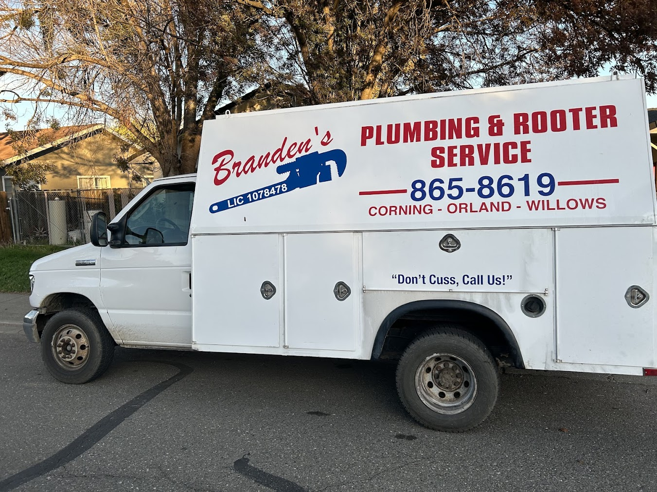Branden's Plumbing & Rooter Service van — serving Chico, Orland, Willows, Corning & Hamilton City
